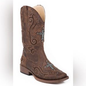 Roper Brown Faux Leather Crystal Cross Fashion Cowboy Boots Women’s Size 9.5